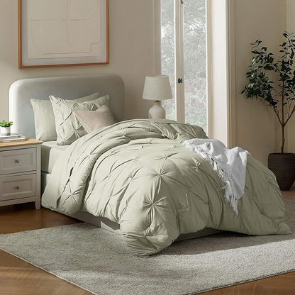 Nestl Twin XL Comforter Set 5 Piece - Pintuck Twin XL Bedding Set Light Sage, College Dorm Room Essentials Bed in a Bag, Twin XL Comforter Set for College Girls & Boys with Sheets, Pillowcase and Sham