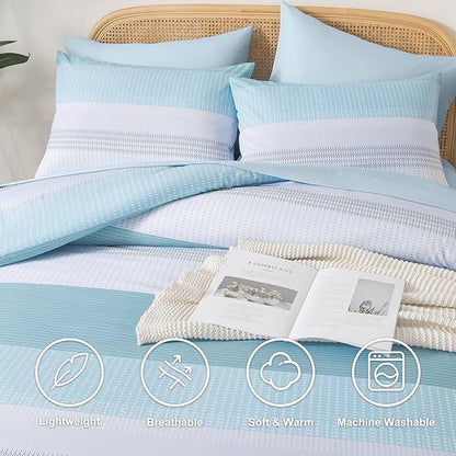 Andency California King Comforter Set Light Blue - 7 Pieces Striped Lightweight Bed in a Bag, Soft Microfiber Reversible Bedding Set with Comforter, Fitted & Flat Sheet, Pillowcases & Shams
