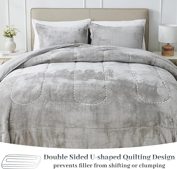YIYEA Faux Fur Comforter Set Queen Size with Fitted Sheet, Luxury Ultra Soft Fuzzy Comforter, Fluffy Plush Velvet Bedding Comforter Sets for Fall Winter, Cozy Warmth, No Shedding, 4PC, Grey