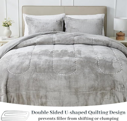 YIYEA Faux Fur Comforter Set Queen Size with Fitted Sheet, Luxury Ultra Soft Fuzzy Comforter, Fluffy Plush Velvet Bedding Comforter Sets for Fall Winter, Cozy Warmth, No Shedding, 4PC, Grey