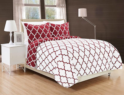 Elegant Comfort Goose Down Alternative Reversible 3-Piece Comforter Set - Breathable and Super Soft All Season Reversible Quatrefoil Pattern Comforter Set with 2 Shams, King, Burgundy/White