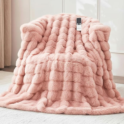 Heated Blanket Throw 50''x60'', Fast Heating Electric Blanket Ultra-Soft Faux Rabbit Fur with 5 Heat Levels & 5H Auto Shut-Off, Overheat Protection, Machine Washable