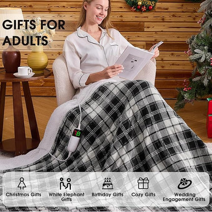 Black Heated Blanket Electric Full Size,72X84 Heating Blanket,Plaid Soft Sherpa Blankets Warmer Gift for Grandma Women Adult,Fast Heating Washable