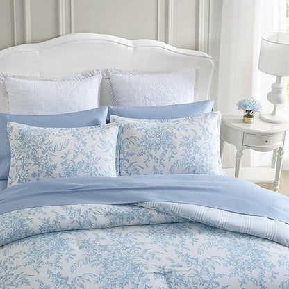 Laura Ashley - Queen Comforter Set, Soft & Reversible Cotton Floral Bedding with a Medium Weight Feel, 3 Piece Bed Set with Matching Pillowcases (Bedford Blue)