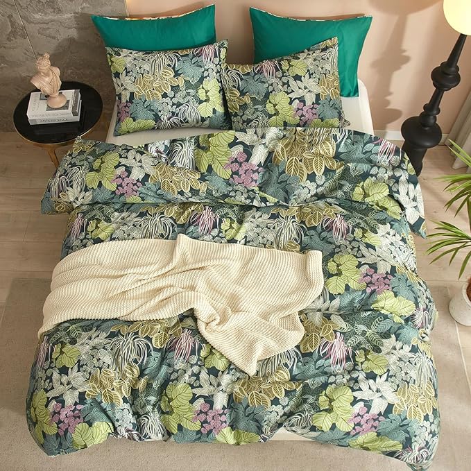 mixinni Green Leaves King Size Comforter Set, Soft Fluffy Botanical Floral Bedding Set for Women and Men, 1 Soft Microfiber Comforter and 2 Pillowcases for All Season-King Size