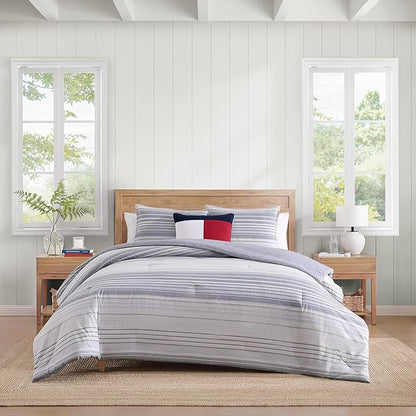 Tommy Hilfiger - Full/Queen Comforter Set, Cotton Textured Bedding with Matching Shams, Medium Weight Bed Set, Oeko-TEX Certified (Danbury Stripe Blue)