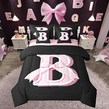 jejeloiu Kids Girls Black Pink Bow Comforter Set with Sheets Queen Size Monogrammed 7 Piece Bedding Set Personalized Initial B Bed in a Bag with Comforter,Sheets,Pillowcases Modern Fashion Bed Set