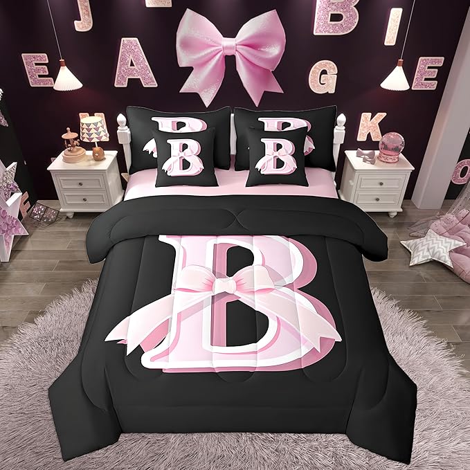 jejeloiu Kids Girls Black Pink Bow Comforter Set with Sheets King Size Monogrammed 7 Piece Bedding Set Personalized Initial B Bed in a Bag with Comforter,Sheets,Pillowcases Modern Fashion Bed Set