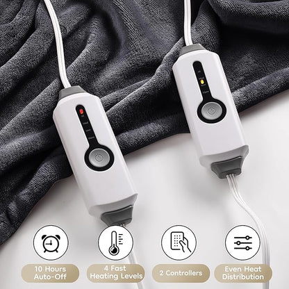 Electric Heated Blanket King Size 90"×100", Comfortable & Luxurious Flannel, 4 Heating Levels & 10 H Auto Shut Off, Dark Grey