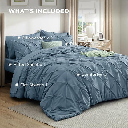Bedsure California King Comforter Set Mineral Blue - Bed in a Bag Cal King Bedding Set 7 PCS, GentleSoft™ Pintuck Bed Set Gift for Family, Pinch Pleat Blue Comforter with Sheets, Pillowcases & Shams