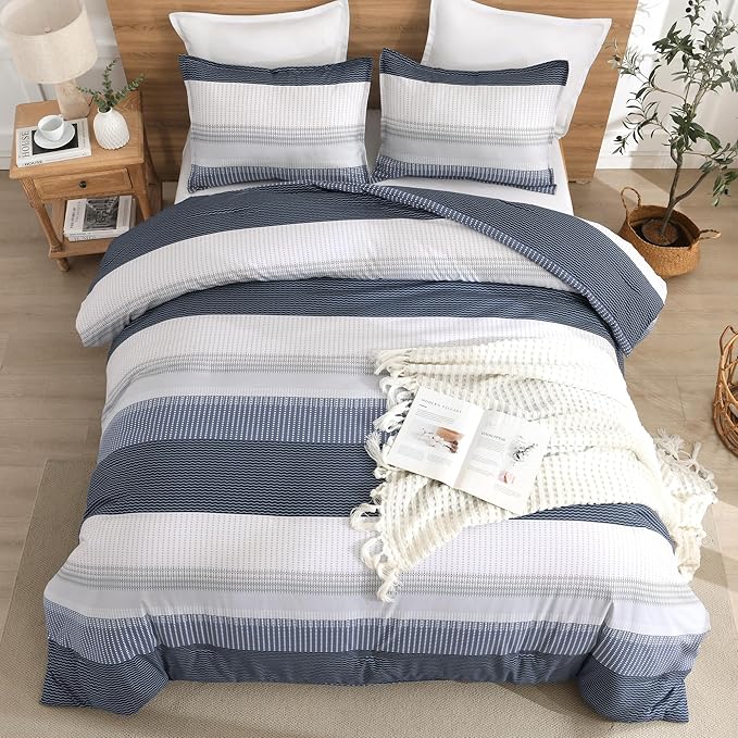 Litanika Oversized King Comforter Set Black Blue 120x98-3 Pieces Lightweight Colorblock Stripe Fluffy Bedding Comforter Sets, All Season Bed Set