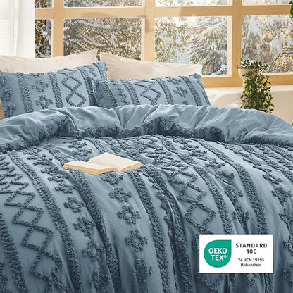 Bedsure Tufted Boho Comforter Set Queen Size - Dusty Blue Boho Bed Set, GentleSoft™ 3 Pieces Farmhouse Shabby Chic Embroidery Bedding, Gifts for Woman, Soft Jacquard Queen Comforter for All Seasons