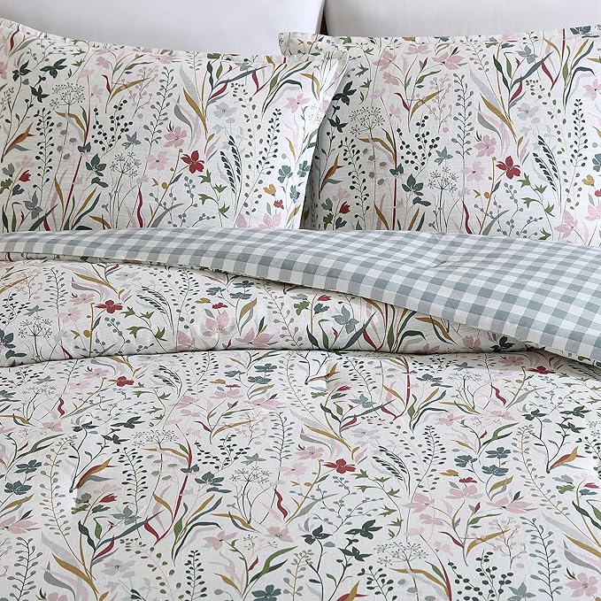 Eddie Bauer - Twin Comforter Set, Reversible Cotton Bedding with Matching Sham, Floral Print with Plaid Reverse, Medium-Weight, Dorm Essentials (Woodland Forest Grey)