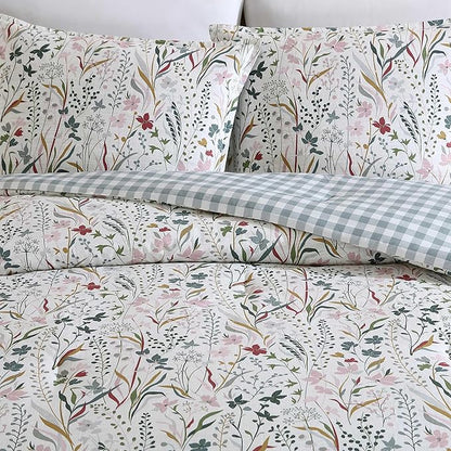 Eddie Bauer - Twin Comforter Set, Reversible Cotton Bedding with Matching Sham, Floral Print with Plaid Reverse, Medium-Weight, Dorm Essentials (Woodland Forest Grey)