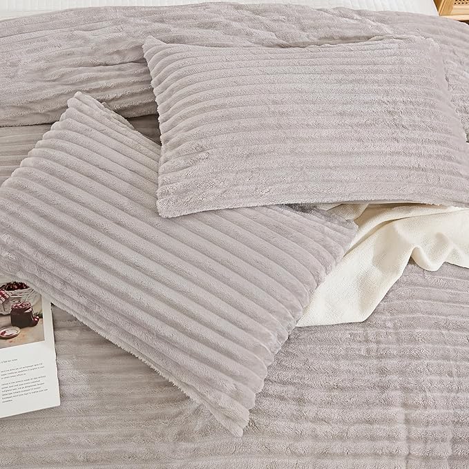 Andency Fleece Queen Comforter Set, 3 Pieces Linen Grey Comforter Set for Queen Size Bed, Soft Warm Fluffy Fuzzy Linen Gray Bedding Set for Winter (1 Comforter & 2 Pillowcases)