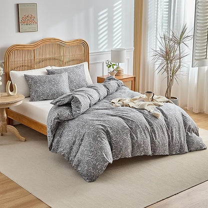 Boho Grey Comforter Set for Bedroom, Dormitory 3 PCS Warm Lightweight Quilted Comforter Set for Cold Sleeper 80x90 Botanical Floral Bedding Set, Full Size