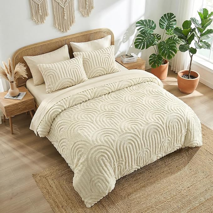 Nesker Boho Tufted King Comforter Set, 7 Pcs Beige Bedding Sets, Soft Cozy Chic Bed in a Bag, Arch Pattern Shabby Bed Set All Season with Comforter, Fitted Sheet, Flat Sheet & Pillowcases