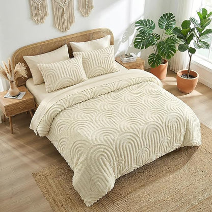 Nesker Boho Tufted Twin Comforter Set, 5 Pcs Beige Bedding Sets, Soft Cozy Chic Bed in a Bag, Arch Pattern Shabby Bed Set All Season with Comforter, Fitted Sheet, Flat Sheet & Pillowcases