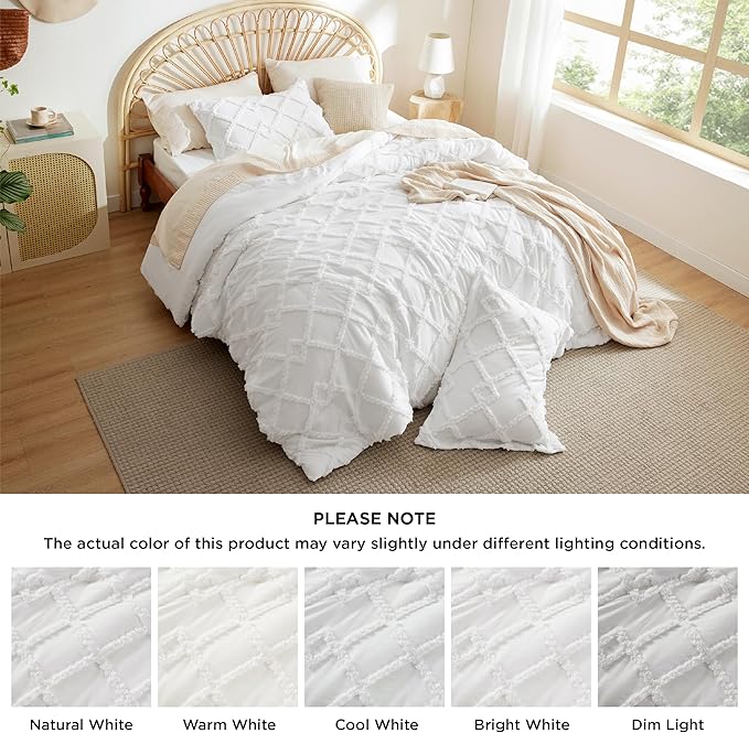 Bedsure Boho Comforter Set King - White Tufted King Size Comforter, 3 Pieces Farmhouse Shabby Chic Embroidery Bed Set, Soft Fluffy Geometric Pattern Bedding for All Seasons