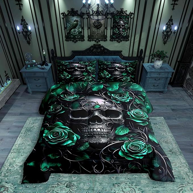 Erosebridal Adults Gothic Comforter Set Bohemian Boho Goth Bedding Set Twin Vintage Horror Skull Bed Sets Sage Green Rose Baroque Victorian Romantic Rose Duvet Insert,Halloween Gothic Decor