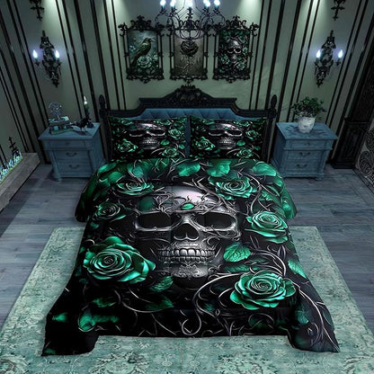 Erosebridal Adults Gothic Comforter Set Bohemian Boho Goth Queen Bedding Sets Vintage Horror Skull Bed Sets Sage Green Rose Baroque Victorian Romantic Rose Duvet Insert,Halloween Gothic Decor