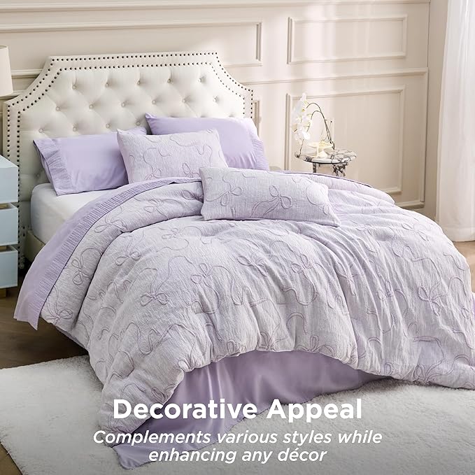 Bedsure Queen Comforter Set, GentleSoft™ 3 Pieces Bow Cute Bedding Lavender Room Decor Aesthetic, Queen Bedding Sets Gifts for Her Women, 1 Bed Lavender Comforter, 2 Pillow Shams, 90x90 Inches