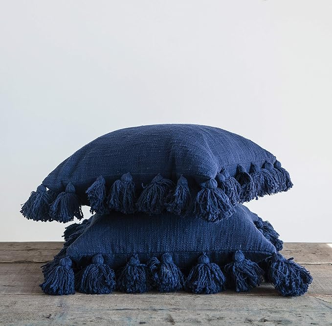 Creative Co-Op Navy Blue Square Cotton Pillow with Tassels