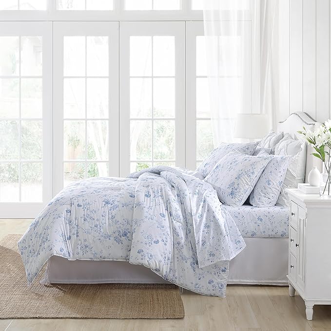 Laura Ashley - Queen Comforter Set, Soft Cotton Bedding with a Medium Weight for Year Round Use, Reversible 3 Piece Bed Set with Matching Pillowcases (Belinda Chambray Blue)