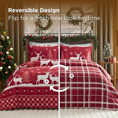 Bedsure Christmas Twin Comforter Set - 4 Pieces Christmas Twin Bedding Set, Bed in a Bag with 1 Soft Snowflake and Elk Reversible Comforter, 1 Pillow Sham, 1 Throw Blanket and 1 Decorative