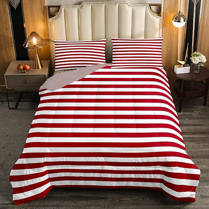 Girl Stripe Comforter Set Twin Size Red White Ticking Stripes Bedding Set Bedroom Decor Horizontal Striped Lines Reversible Down Comforter for Kids Women Modern Abstract Soft Lightweight Duvet Set