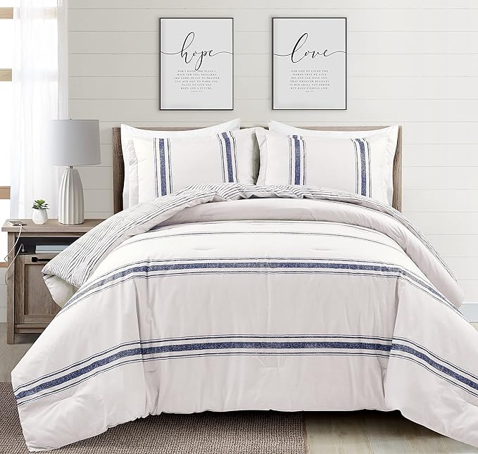 Lush Decor Farmhouse Stripe Reversible Cotton Comforter Set, 3 Piece Set, California King, Navy - Cozy Farmhouse Bedding Set - Rustic Decor - Striped Comforter - Modern Farmhouse Bedroom Decor