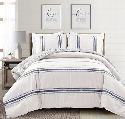 Lush Decor Farmhouse Stripe Reversible Cotton Comforter Set, 3 Piece Set, California King, Navy - Cozy Farmhouse Bedding Set - Rustic Decor - Striped Comforter - Modern Farmhouse Bedroom Decor