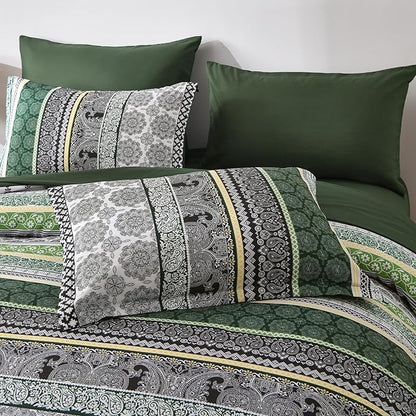 Cottolester Boho Comforter Set Queen Size,8 Pieces Dark Green Bohemian Striped Bed in a Bag,Paisley Soft Microfiber Bedding Comforter Set