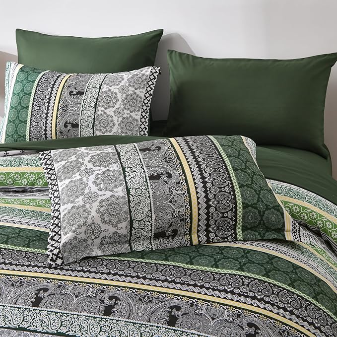 Cottolester Boho Comforter Set King Size,8 Pieces Dark Green Bohemian Striped Bed in a Bag,Paisley Soft Microfiber Bedding Comforter Set