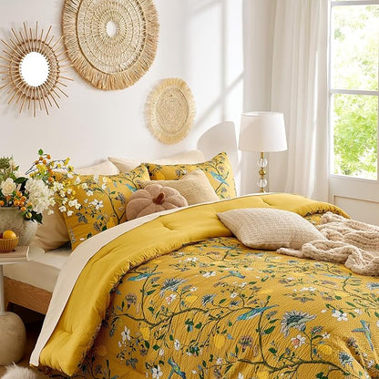 MUSSEL Yellow Bedding Queen Comforter Set 3 Pieces,Vintage Botanical Floral Pattern Bed Comforter Sets,Boho Whimsical Modern Printed Design Cute Seersucker Bedroom Comforter and Shams