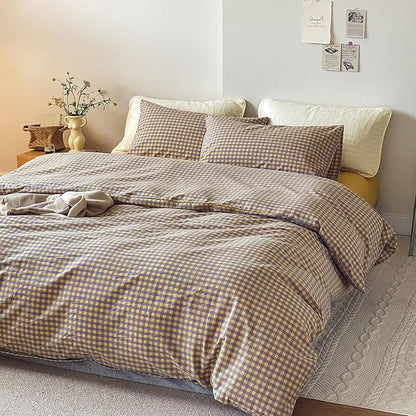 mixinni Yellow/Purple Gingham Comforter Set Queen, Plaid Comforter Set 3 Pieces 1 Vintage Grid Comfoter with 2 Pillow Cases for All Seasons, Soft Fluffy Modern Grid Pattern Printed Bedding-Queen Size