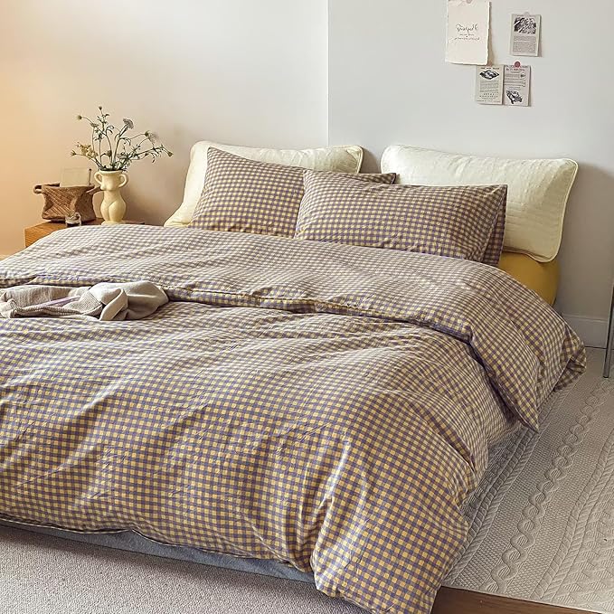 mixinni Yellow/Purple Gingham Comforter Set Full, Plaid Comforter Set 3 Pieces 1 Vintage Grid Comfoter with 2 Pillow Cases for All Seasons, Soft Fluffy Modern Grid Pattern Printed Bedding-Full Size