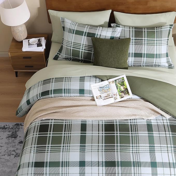 MaiRêve Plaid Queen Comforter Sets Olive Green, Classic Farmhouse Bedding Set Bed in a Bag 7 Pieces, Lightweight All Season Comforter Set with Fitted & Flat Sheet, Pillowcases & Shams