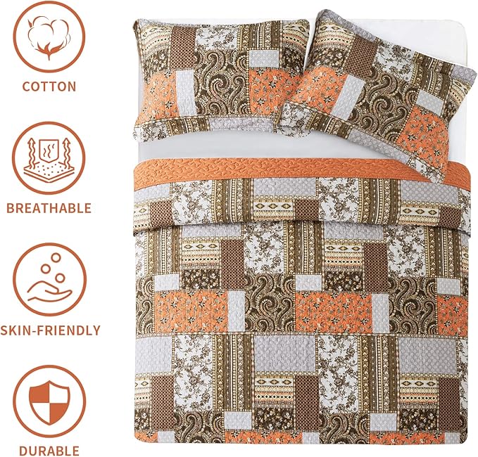 BEDIFANY Farmhouse Cotton Quilts Queen Size for Fall - Lightweight Patchwork Autumn Bedspread Set for Bed Coverlet - Highly-Woven Soft Reversible Bed Spread for All Seasons (Floral Orange) 3 Pieces