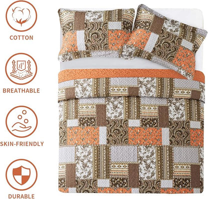 BEDIFANY Cotton Quilts King Size for Farmhouse- Fall Patchwork Bedspread Set - Highly-Woven Soft Reversible King Size Bed Spread for All Seasons (Floral Orange) 3 Pieces