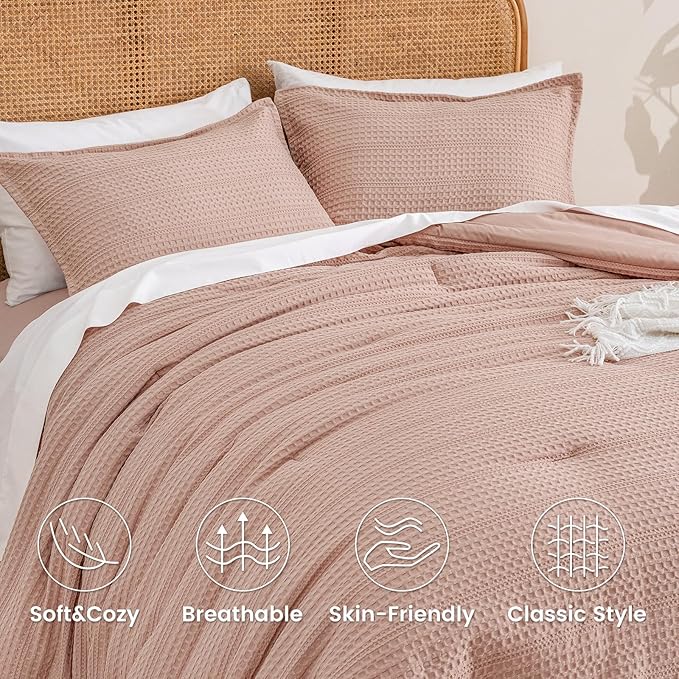 PHF Soft Waffle Comforter Set King Size- Comfy Breathable Waffle Weave Comforter with 2 Pillow Shams, 3 Pieces Less Snagging Lightweight Textured Bedding Set for All Season, Rose Pink