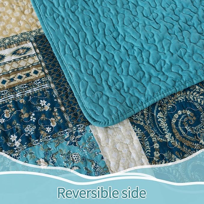 BEDIFANY Cotton Queen Size Quilt Sets, Lightweight Bedspread Queen Size Coverlet Boho Queen Quilt, Soft Farmhouse Queen Quilt Bedding Sets for Bed Decorations for All Seasons (3 Pieces, Blue)
