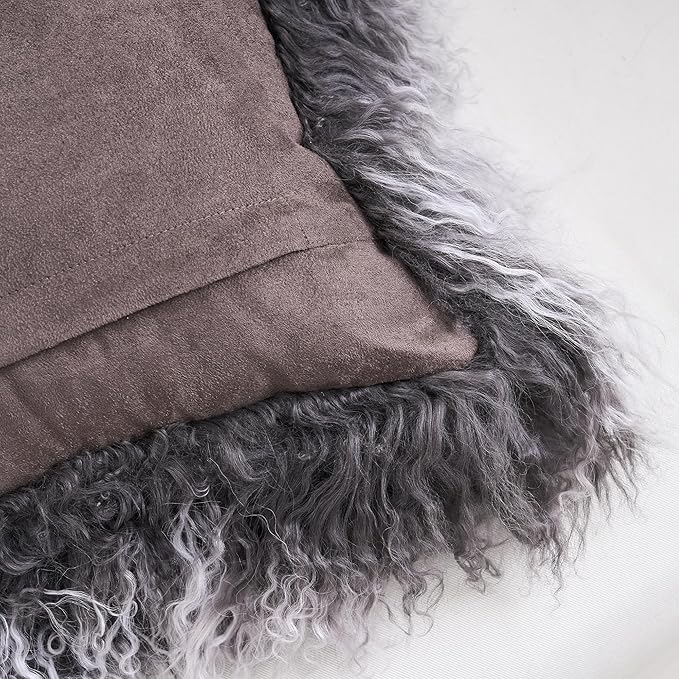 Genuine Mongolian Lamb Fur Pillow Cover – 12"x20" Rectangular Cushion Case – Soft Curly Wool Decorative Accent for Sofa, Bed, or Chair (Frosted Grey)