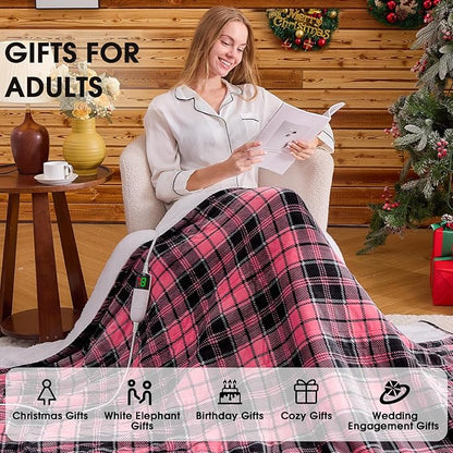 Pink Heated Blanket Electric, Queen Size 84X90, 10 Heat Levels/8 Hours Auto Off/Dual Control for Bed, Blue Plaid Checkered Sherpa Blanket Warmer for Adult, Washable Gift