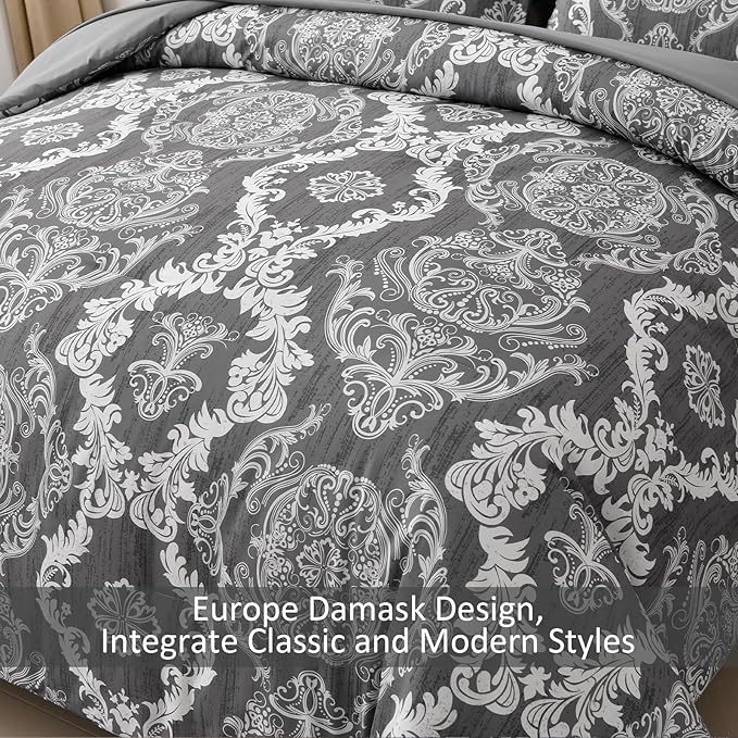 WONGS BEDDING Dark Grey Comforter Set King Size, Damask Texture 7 Pieces Bed in a Bag Microfiber Comforter Bedding Sets -1 Comforter, 1 Flat Sheet, 1 Fitted Sheet, 2 Pillow Shams, 2 Pillowcases