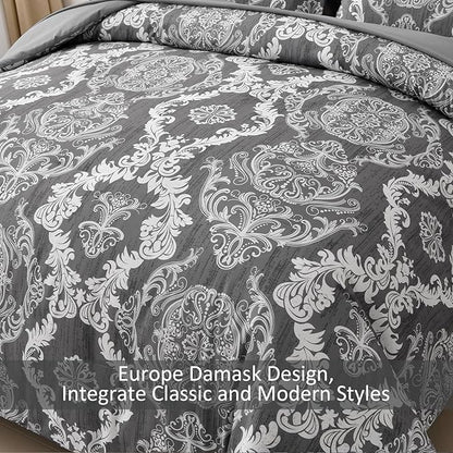 WONGS BEDDING Dark Grey Comforter Set Queen Size, Damask Texture 7 Pieces Bed in a Bag Microfiber Comforter Bedding Sets -1 Comforter, 1 Flat Sheet, 1 Fitted Sheet, 2 Pillow Shams, 2 Pillowcases