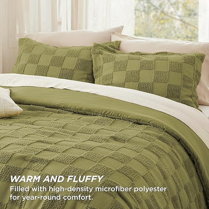 Bedsure King Size Comforter Set Olive Green, Boho Tufted Bed Set, Checkered Farmhouse Shabby Chic Bedding, 3 Pieces, 1 Plaid Geometric Comforter and 2 Pillow Shams