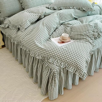 mixinni Vintage Green Gingham Ruffle Comforter Set 3-Piece Washed Cotton Queen Size Grid Bedding Set with Geometric Checkered Pattern, Farmhouse Chic Soft Fluffy Comforter for All-Season