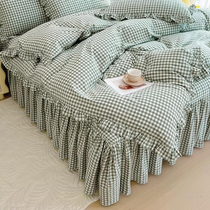 mixinni Vintage Green Gingham Ruffle Comforter Set 3-Piece Washed Cotton Full Size Grid Bedding Set with Geometric Checkered Pattern, Farmhouse Chic Soft Fluffy Comforter for All-Season