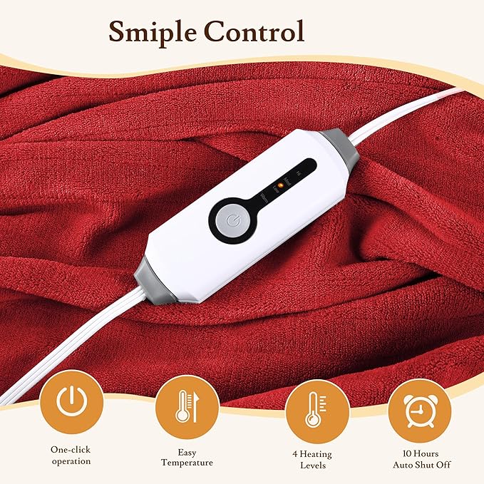 Electric Heated Blanket 72"x84" Full Size Coral Fleece - 4 Heat Settings & 10H Auto Shut Off for Safe Overnight Use, Fast Heating, Machine Washable for Bed, Couch, Office - Red